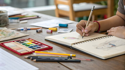 Fototapeta premium Hand Sketching in Notebook with Art Tools Nearby. Perfect for: Art classes, creative events