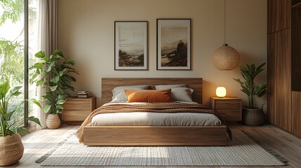 Fototapeta premium Cozy Bedroom with Soft LED Lighting and Natural Decor
