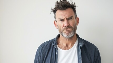 Obraz premium A middle-aged man with a serious expression. sporting a short beard and dark hair styled in a messy white t-shirt layered under an unbuttoned denim shirt set against a plain white background.