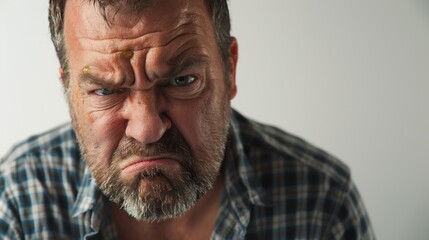 Fototapeta premium A man with a grumpy expression sporting short brown hair and a plaid shirt on plain white background provides a neutral setting for the Scene.