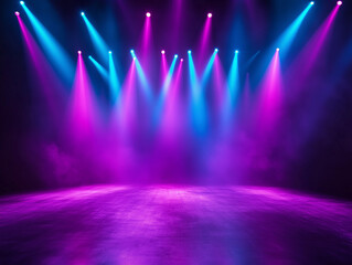 Colorful stage lighting creates an energetic atmosphere for a performance in an indoor venue