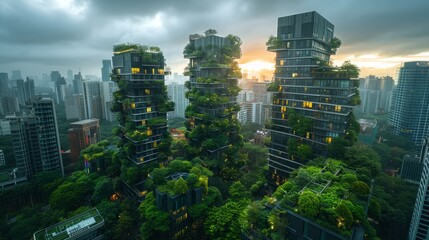 Lush green skyscrapers at sunset, urban landscape.