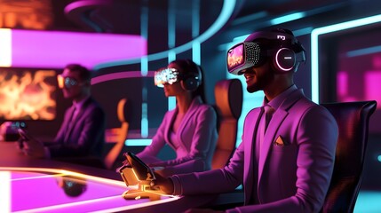 Virtual reality gaming experience gaming lounge digital interaction neon environment close-up view technology innovation