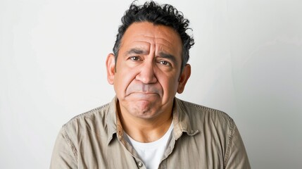 Fototapeta premium An Older man with a sad expression wearing a tan shirt over a white t-shirt of the background is a plain white wall.