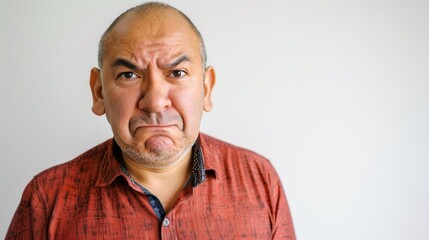 Obraz premium The image depicts a man with a frowning expression wearing a red shirt set against a plain white background.