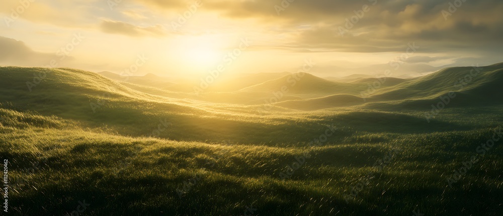 Poster serene landscape at sunrise with rolling hills and soft light capturing the tranquility of nature in