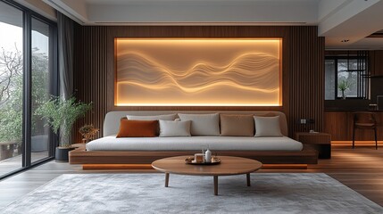 Elegant Walnut Wood Bed in Modern Living Room