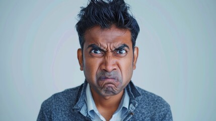 Obraz premium A close-up portrait Of a man with dark hair and a gray jacket displaying a frowning face.