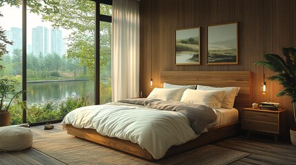 Cozy Walnut Bedroom with Warm Tones and Scenic View