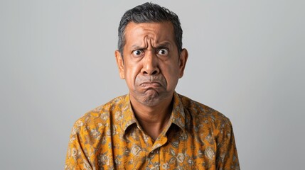 Obraz premium Indian man with dark hair and a shirt on white background with a silly grimace.