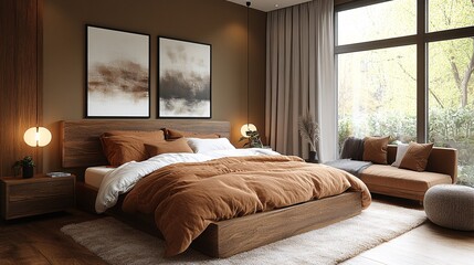 Fototapeta premium Cozy Walnut Bedroom with Warm Tones and Modern Design
