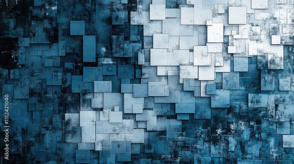 Poster a pixelated design with a grainy texture in worn-out colors of blue and gray, creating a retro, digi