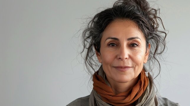 A close-up portrait Of a woman showcasing her face and neck against a plain white background.