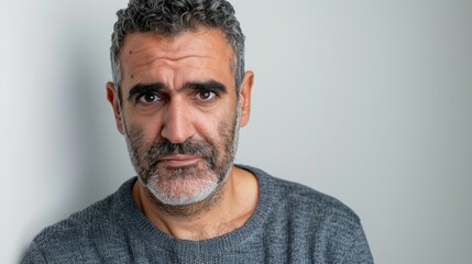 Obraz premium A middle-aged man with a grey beard and dark hair wearing a grey sweater Stares intensely at the camera.
