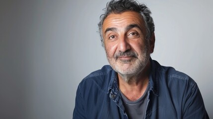 Fototapeta premium A middle-aged man with a grey beard and dark hair wearing a grey sweater Stares intensely at the camera.