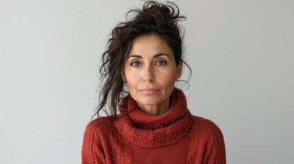Fototapeta premium The image features a woman with dark wavy hair and a red turtleneck sweater set against a light gray background.