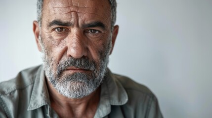 Obraz premium The image is a close-up portrait Of an older man with a grey beard set against a plain white background.