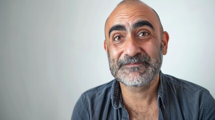 The image depicts a middle-aged man with a balding head wearing gray denim shirt set against a plain white wall background.