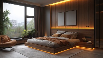 Fototapeta premium Warm Walnut Furniture in Modern Scandinavian Bedroom