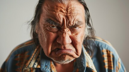 Angry elderly man with long gray hair and a blue and orange patterned shirt.