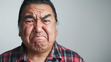 Obraz premium An elderly Native American man with long black hair in braids wearing a dark blue shirt with a pattern looking directly at the camera with a neutral expression.