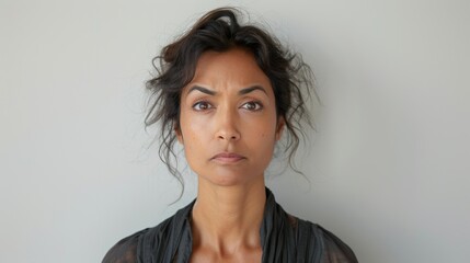 A woman with dark messy hair and a black top stands in front Of a white wall facing the camera with neutral expression.