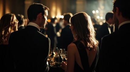 A group of people dressed in black at a formal event, mingling in a stylish, sophisticated setting with dim lighting