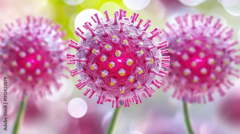 Poster close-up view of a colorful virus structure with vibrant pink and yellow patterns surrounded by a so