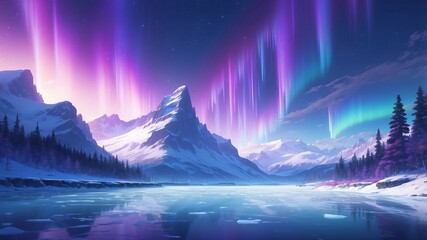 purple blue aurora borealis, polar lights, northern lights, over ice and snow landscape