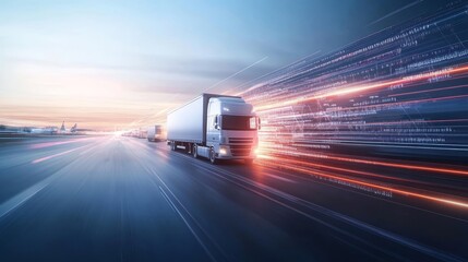 A dynamic scene of trucks and planes moving along glowing lines forming a 3D graph of logistics growth rates, Futuristic, Neon accents, High-definition