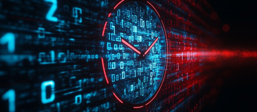 A clock made of binary code numbers, glowing in blue and red light with a digital background. Conceptual illustration of fast data transfer speed on the internet or network connection.
