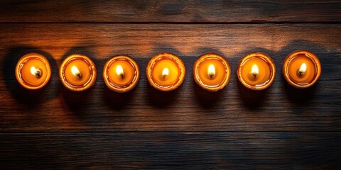 A row of glowing diyas on a wooden surface with warm golden tones, leaving text space, top view, SLR shot realism.