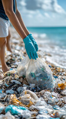 Close up photo of a volunteer in gloves dressed in shorts and T-shirts collect rubbish from the beach in special bag. Vertical photo. Cropped image.