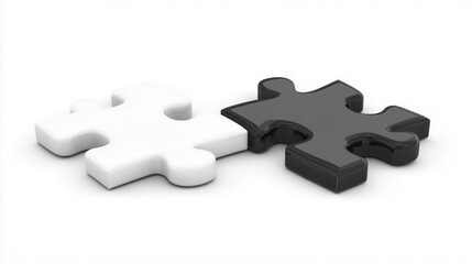 A one white puzzle piece is connected with one black puzzle piece on white background.