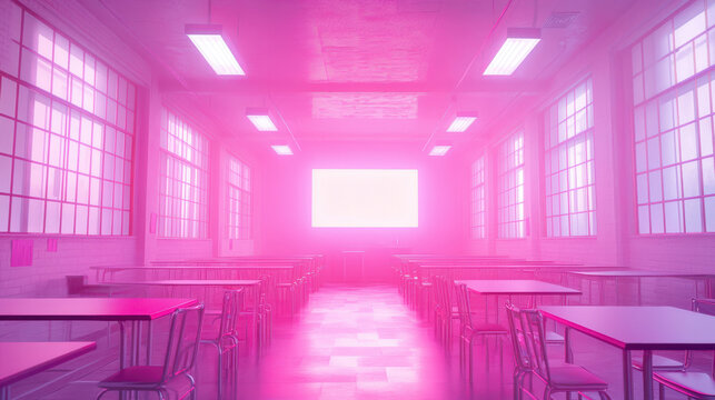 vibrant classroom with pink lighting and empty desks creates dynamic atmosphere
