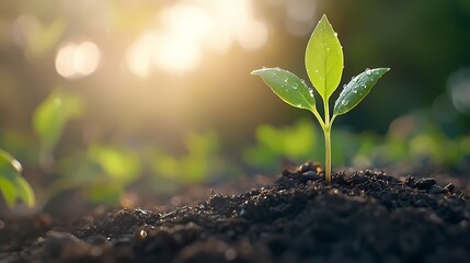Sunrise illuminates a young sprout emerging from rich soil.