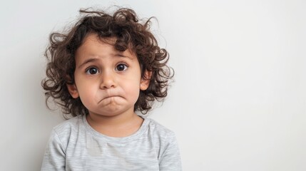 Naklejka premium A young child with curly hair and grey shirt displaying a sad Or upset expression.