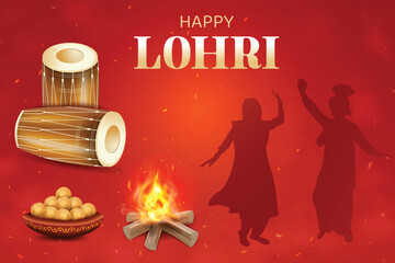 Lohri Festival Celebration With Bonfire, Drums and Silhouette Of Punjabi Dance On Red Color Background. Indian Ethnic Festive Sale Celebration Theme Concept Vector Illustration.