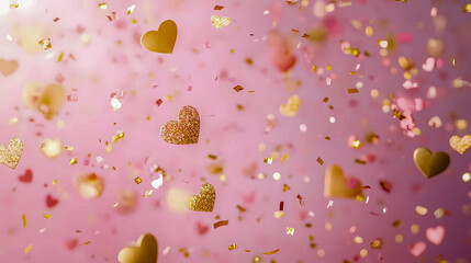 Abstract romantic light pink background and golden heart-shaped confetti falls down. Festive decor for valentine's day February 14 wedding concept.