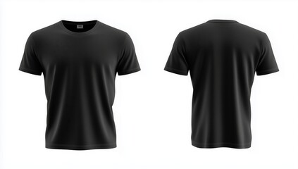 Mockup blank black T-shirt template, front and back views, isolated on a white background.