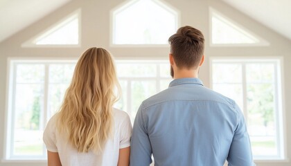 A young couple is looking living room in new empty home. The view is from behind them.