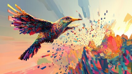 Fototapeta premium A pixelated folk art bird flying across a vibrant landscape, where the traditional shape and colors are broken into geometric digital blocks