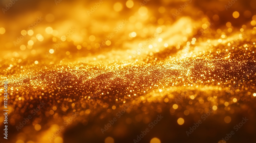 Poster golden shiny bokeh blur abstract background with soft shimmering lights.