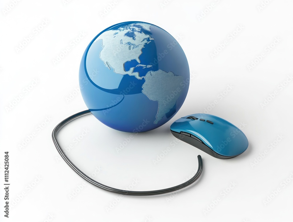 Poster blue globe connected to a computer mouse, symbolizing global internet connectivity.