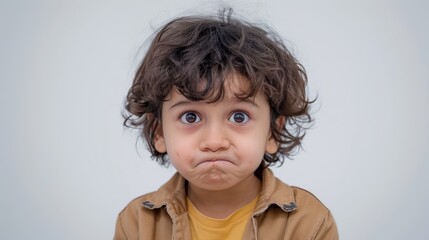A young boy with a surprised and sad expression On his face.