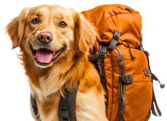 Happy golden retriever dog with hiking backpack isolated, adventurous pet explorer with travel gear, outdoor tourism companion