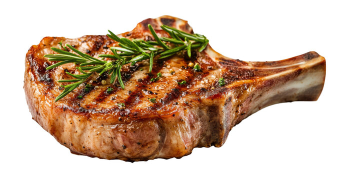 Grilled pork chop with rosemary garnish gourmet kitchen food photography rustic style