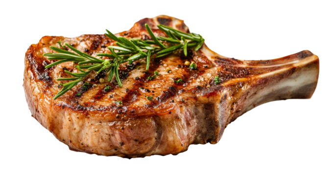 Grilled pork chop with rosemary garnish gourmet kitchen food photography rustic style