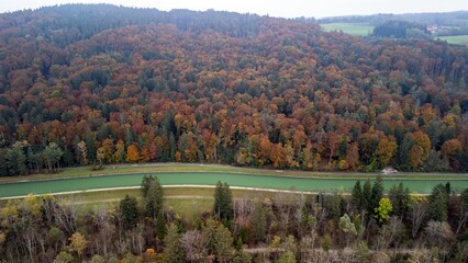 View from above of the Isar. Autumn, foggy and cloudy. Green water and the forest in autumn