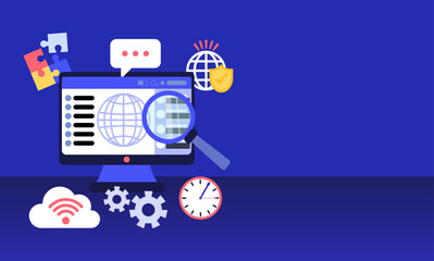 Digital Technology Illustration with Computer, Magnifying Glass, and Security Icons